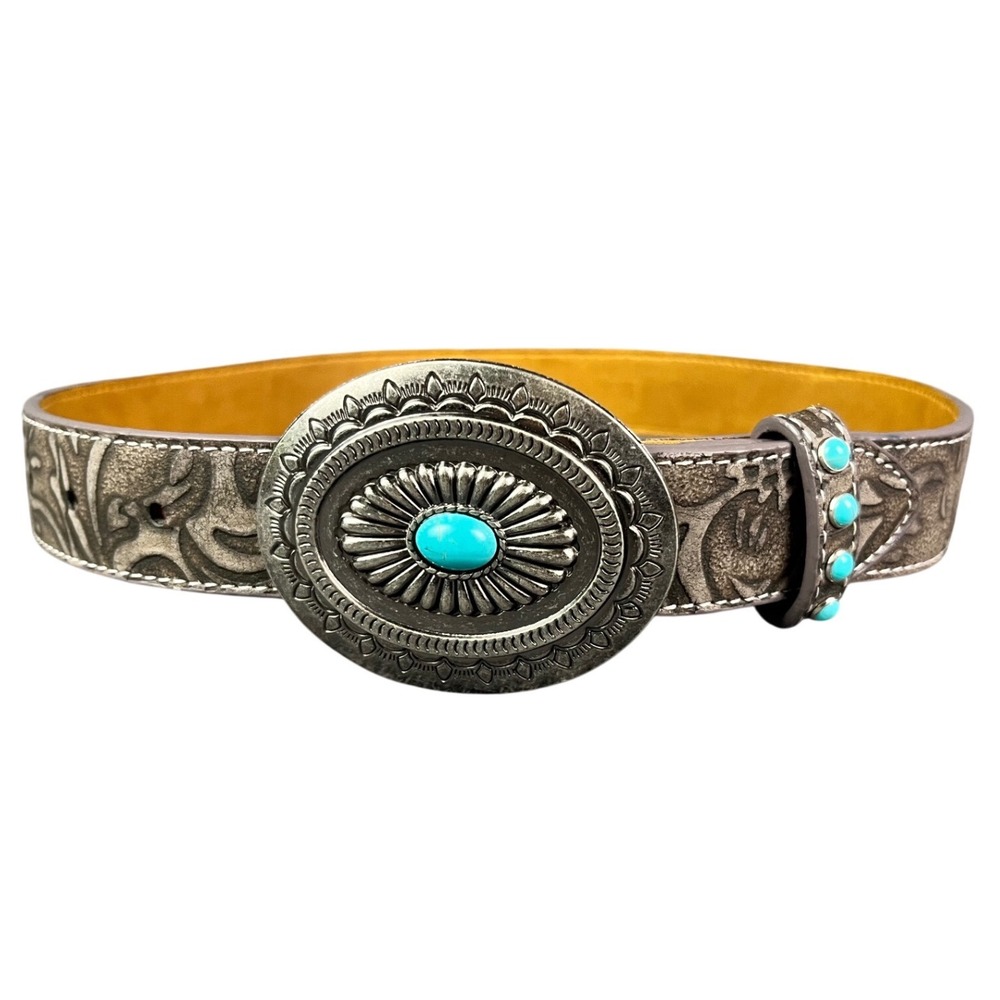 Western Floral Embossed Leather Belt Turquoise Buckle Taupe Size Medium ME A6187